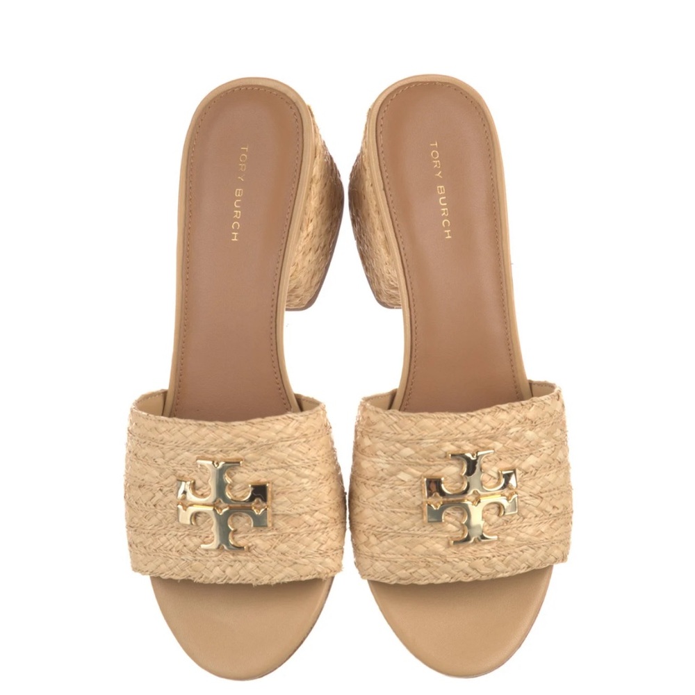 Tory Burch Beige Woven Mules with Gold Accent
